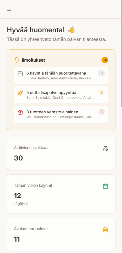 Kodinan toiminnanohjausnäkymä