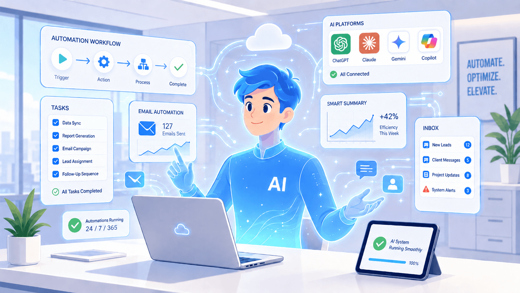 Automaatio/AI tuottaa raportteja, viestejä ja tehtäviä tauotta